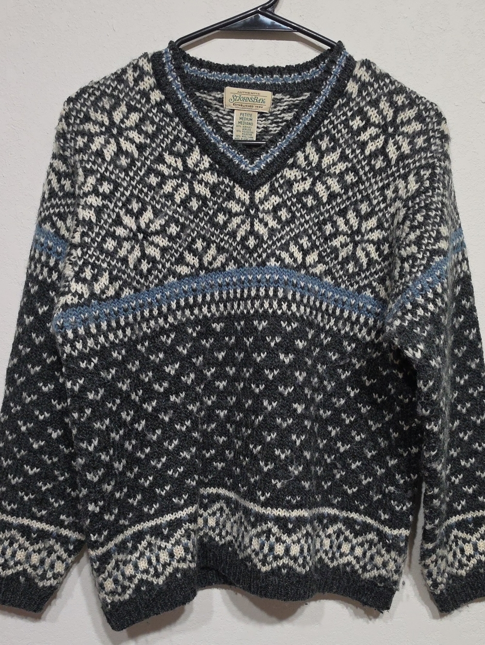 Vintage St. John's Bay Black, White & Blue Fair Isle V-Neck Sweater
